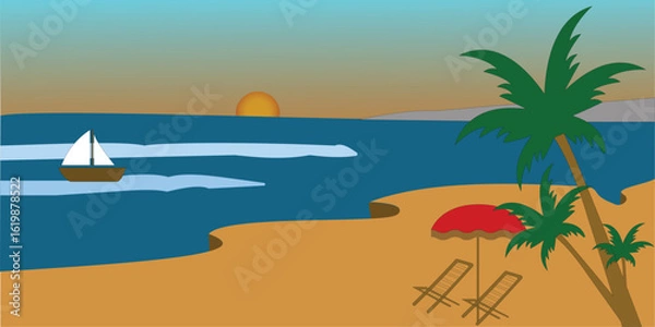 Fototapeta Sunset Beach Landscape with Palm Trees, Sailboat, Seaside Umbrella and Deck Chairs Vector Art

