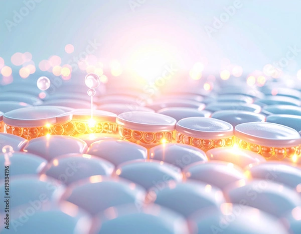 Fototapeta Skin Cell Structure with Serum Penetration and Bright Light Effect, Beauty Concept