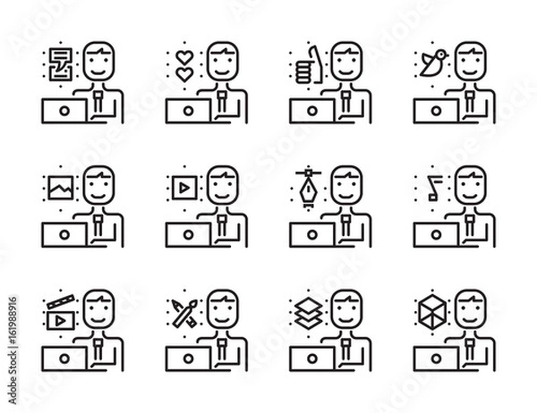 Fototapeta Worker man with laptop outline icon set. Creative work and social media. Modern minimalistic style. Pixel perfect thin line icons design. vector illustration