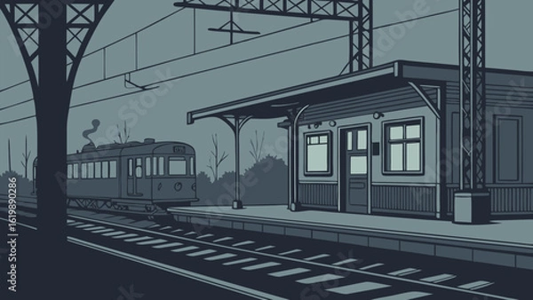 Fototapeta Vintage train at a deserted station platform under a twilight sky evoking a sense of quiet anticipation and nostalgic journey