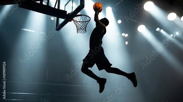 Fototapeta Silhouette of basketball player dunking ball on court with dramatic lighting image