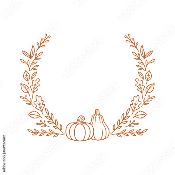 Fototapeta Autumn wreath with pumpkins and leaves. Hand drawn frame for your text