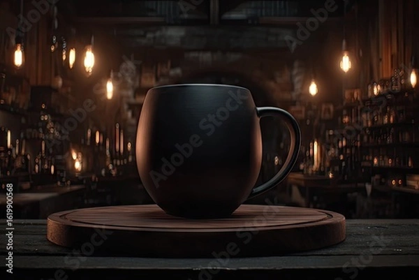 Obraz Dark mug on rustic wooden board in dimly lit interior