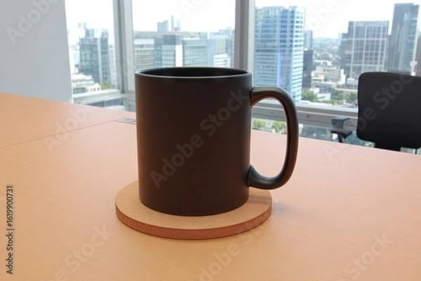 Obraz Black mug on a light brown coaster on a light orange table, overlooking a city skyline through large windows