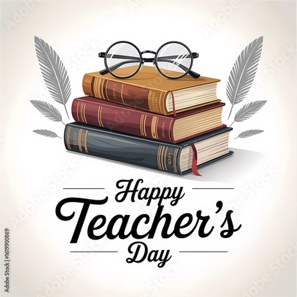 Obraz Happy Teachers Day Illustration with Stack of Books Eyeglasses and Feather Elements Design for Educational and Celebration Concepts