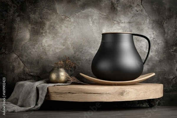 Obraz Dark, matte black pitcher on wooden stand, with gold accent and linen cloth