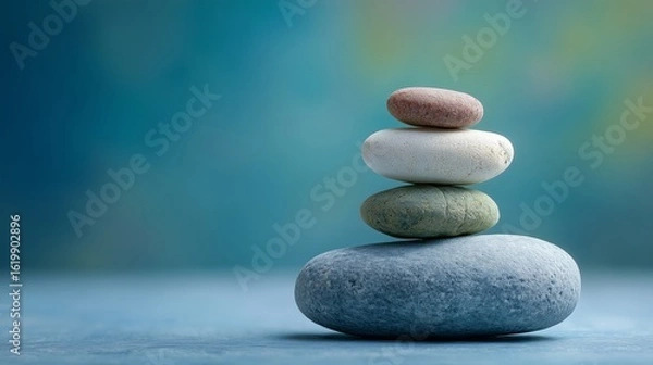 Fototapeta Stacked smooth stones in blue, green, white, and red hues balanced against a serene blue-teal gradient background symbolizing harmony and calm