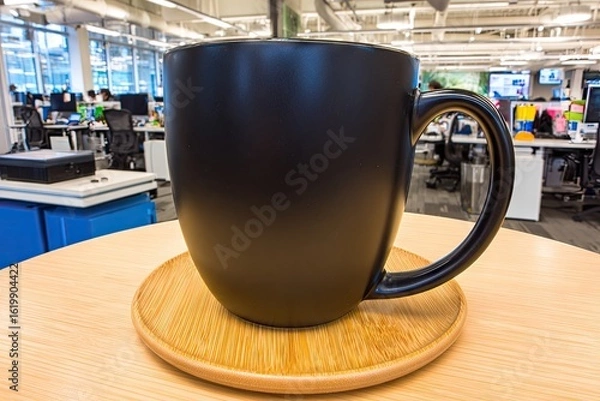 Obraz Large black mug on a wooden tray in an office