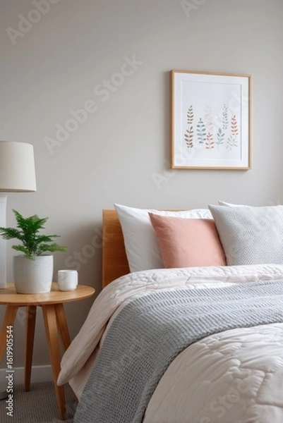 Fototapeta Soft pastels and natural textures create calming bedroom atmosph