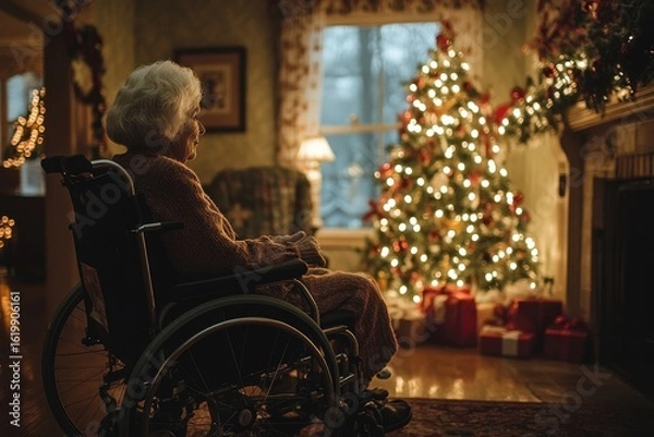 Obraz Senior woman in a wheelchair receiving a health visit at home during the Christmas season, emphasizing the care and support elderly individuals receive during the holidays, Generative AI