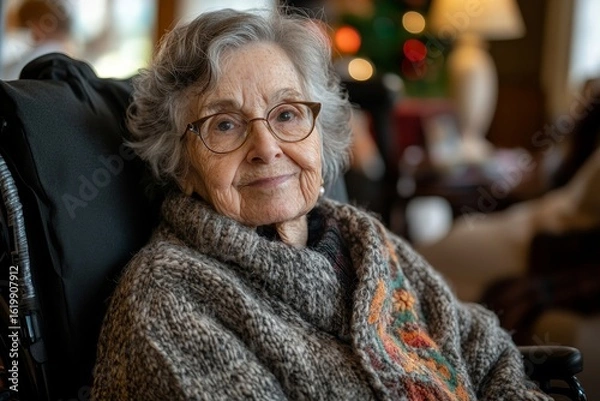Fototapeta Senior woman in a wheelchair receiving a health visit at home during the Christmas season, emphasizing the care and support elderly individuals receive during the holidays, Generative AI