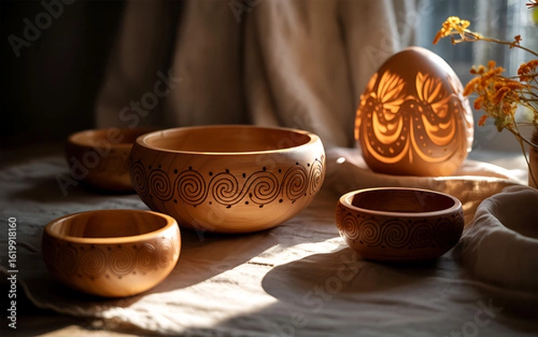Fototapeta Vector art of hand carved wooden easter egg with floral pattern and wooden bowls on a rustic table