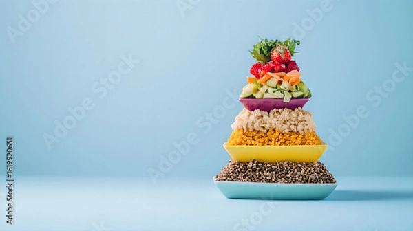 Fototapeta Four abstract colorful food pyramids merging into one harmonious structure, representing dietary synergy.