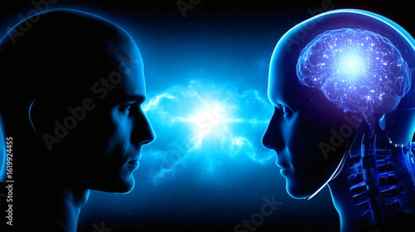 Fototapeta Human and AI Face to Face  Mind Connection and Digital Intelligence