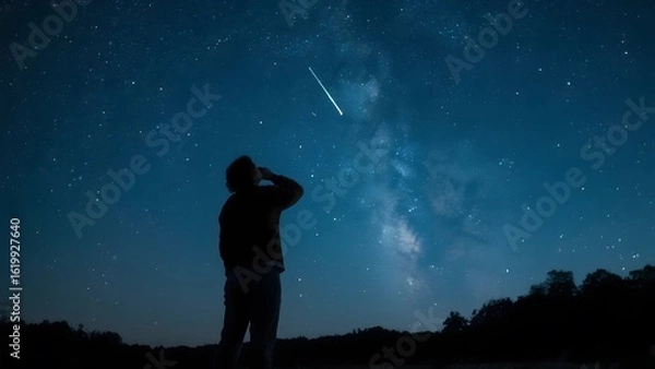 Fototapeta A person observes the night sky, silhouetted against a starry backdrop with the Milky Way and a shooting star.