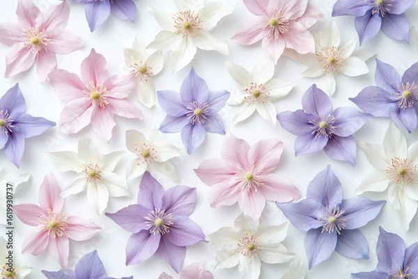 Fototapeta Delicate watercolor columbines in soft pastel colors create serene floral pattern, evoking tranquility and beauty