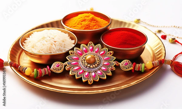 Fototapeta Set of rakhi with kumkum and sweet in thali, raksha bandhan concept
