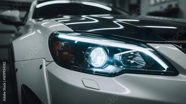 Fototapeta Close-up of a modern car's headlight with sleek design and illuminated lens