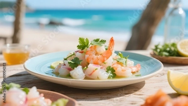 Fototapeta Fresh shrimp ceviche served on a plate with cilantro and lime, set against a beach backdrop.