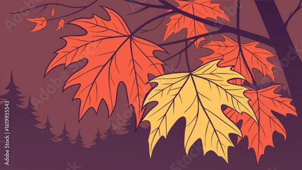 Fototapeta Vibrant autumn maple leaves in shades of orange and yellow hang from dark branches against a deep purple background with silhouetted trees