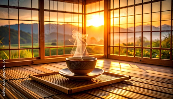 Fototapeta Serene Teacup with Steam on Bamboo Tray in Sunset Setting