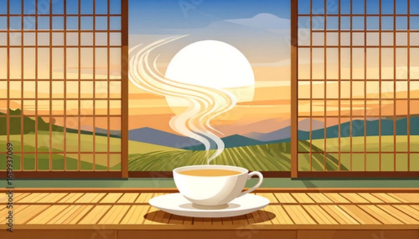 Fototapeta Porcelain Teacup on Bamboo Tray with Sunrise and Scenic Background