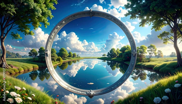 Fototapeta Serene Silver Mirror in Tranquil Pond Reflecting Drifting Clouds