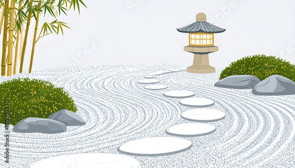 Obraz Serene Garden Pathway with Raked Gravel and Polished Stones