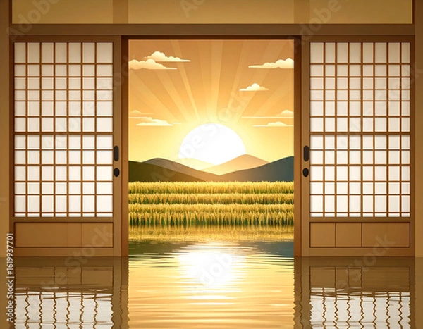 Fototapeta Sable Hued Portal Opens to Flooded Rice Beds and Golden Sunrise