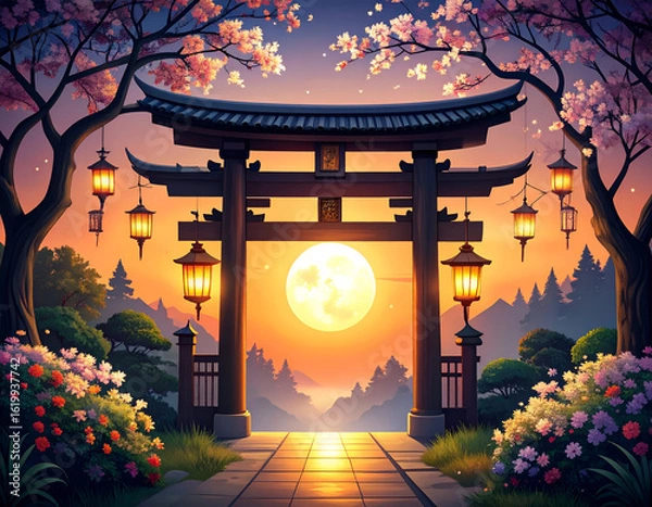 Fototapeta Sable Painted Gate at Twilight with Lanterns and Blossoms
