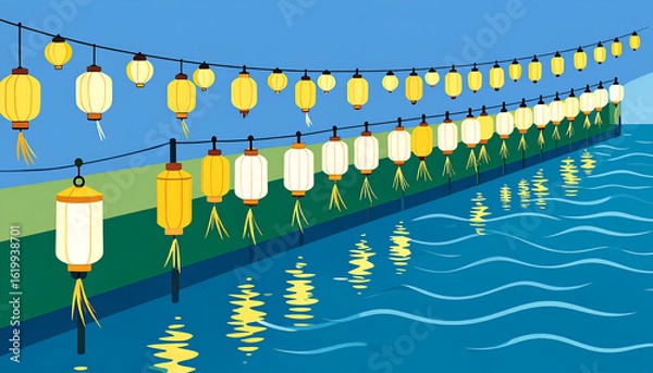 Fototapeta Lanterns Illuminating Quay at Dusk with Gentle Water Reflections