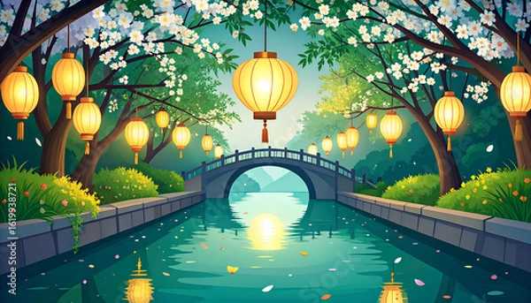 Fototapeta Single Paper Lantern Drifts Across Jade Canal in Serene Night Scene