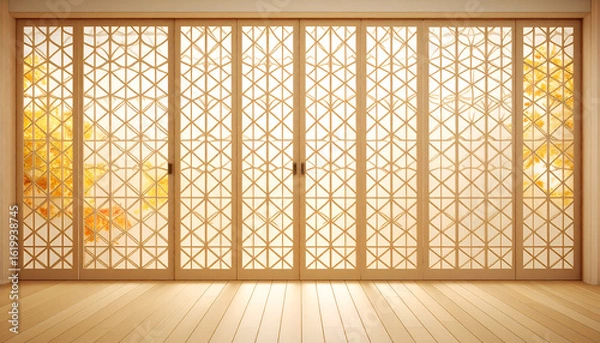 Fototapeta Elegant Paper Lattice Screen Filters Autumn Light into Tea Room