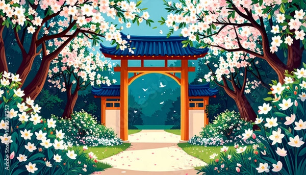 Fototapeta Tranquil Garden Gate Surrounded by Blossoming Flowers and Trees