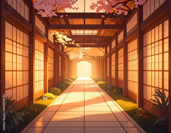 Fototapeta Serene Corridor with Soft Light and Blooming Cherry Blossoms
