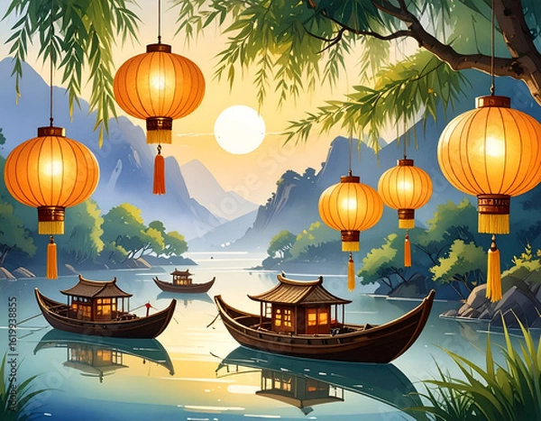 Fototapeta Tranquil Dawn Scene with Lanterns and Boats on Calm Water