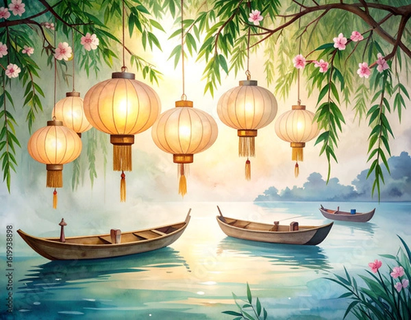 Fototapeta Tranquil Dawn Scene with Lanterns and Boats on Serene Water