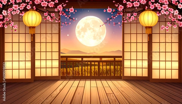 Fototapeta Serene Moonlit Balcony View with Cherry Blossoms and Lanterns