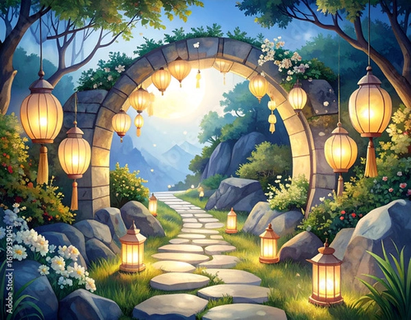Fototapeta Serene Paper Lanterns Under Archway in Gentle Breeze at Dawn
