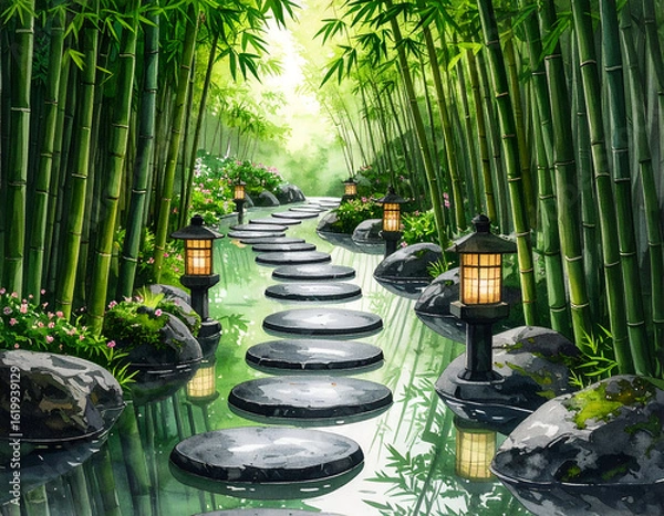 Fototapeta Tranquil Obsidian Trail Through Lush Bamboo Forest with Lanterns