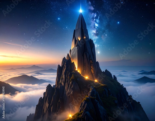 Fototapeta Obsidian Spire Piercing Swirling Fog atop a Cliff with Stars