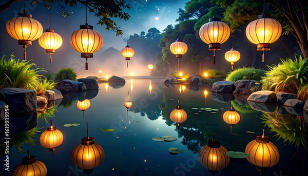 Fototapeta Serene Obsidian Pool Reflecting Lanterns Under Starry Sky