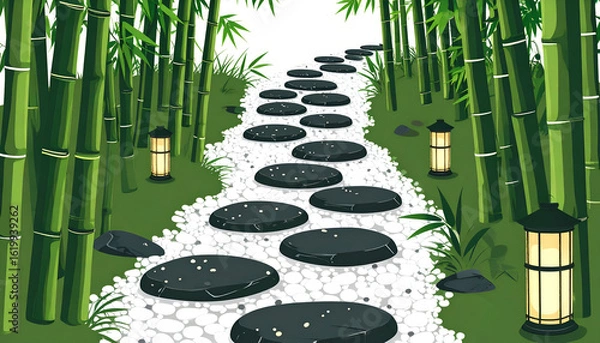 Fototapeta Obsidian Footpath Weaving Through Bamboo Shadows in Tranquil Garden