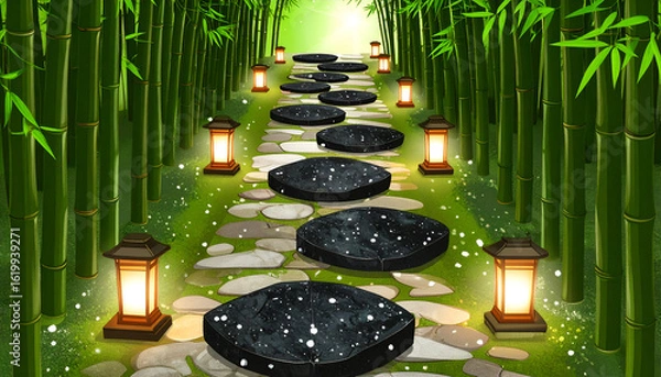 Fototapeta Obsidian Footpath Weaving Through Bamboo Shadows with Lanterns