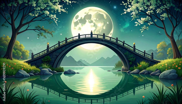 Fototapeta Serene Obsidian Bridge Arching Over Tranquil Jade Waters