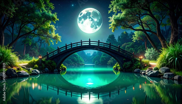 Fototapeta Obsidian Bridge with Arches Over Tranquil Jade Waters at Night