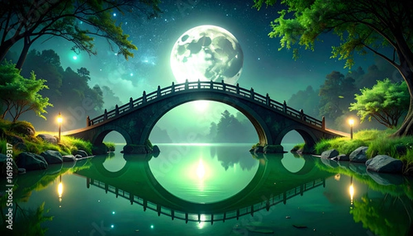 Fototapeta Serene Obsidian Bridge Arched Over Tranquil Jade Waters at Night