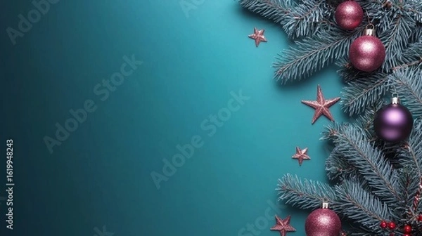 Fototapeta Festive Winter Background with Fir Branches, Violet Baubles, and Bronze Star Christmas Decorations