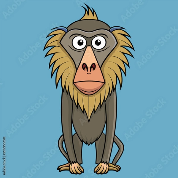 Obraz Cartoon mandrill monkey in neutral pose against a light blue background. Cute animal character in a simple. flat design for a children's book or educational material.