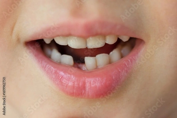 Fototapeta The close-up shows a child's smile with a missing tooth, highlighting a natural part of growing up. Concept of: Childhood. Milk tooth